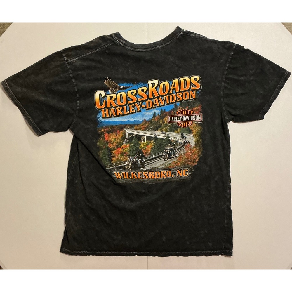 Harley-Davidson Mountain Nature Biker Crossroads T-Shirt Acid Wash Black Mens L
